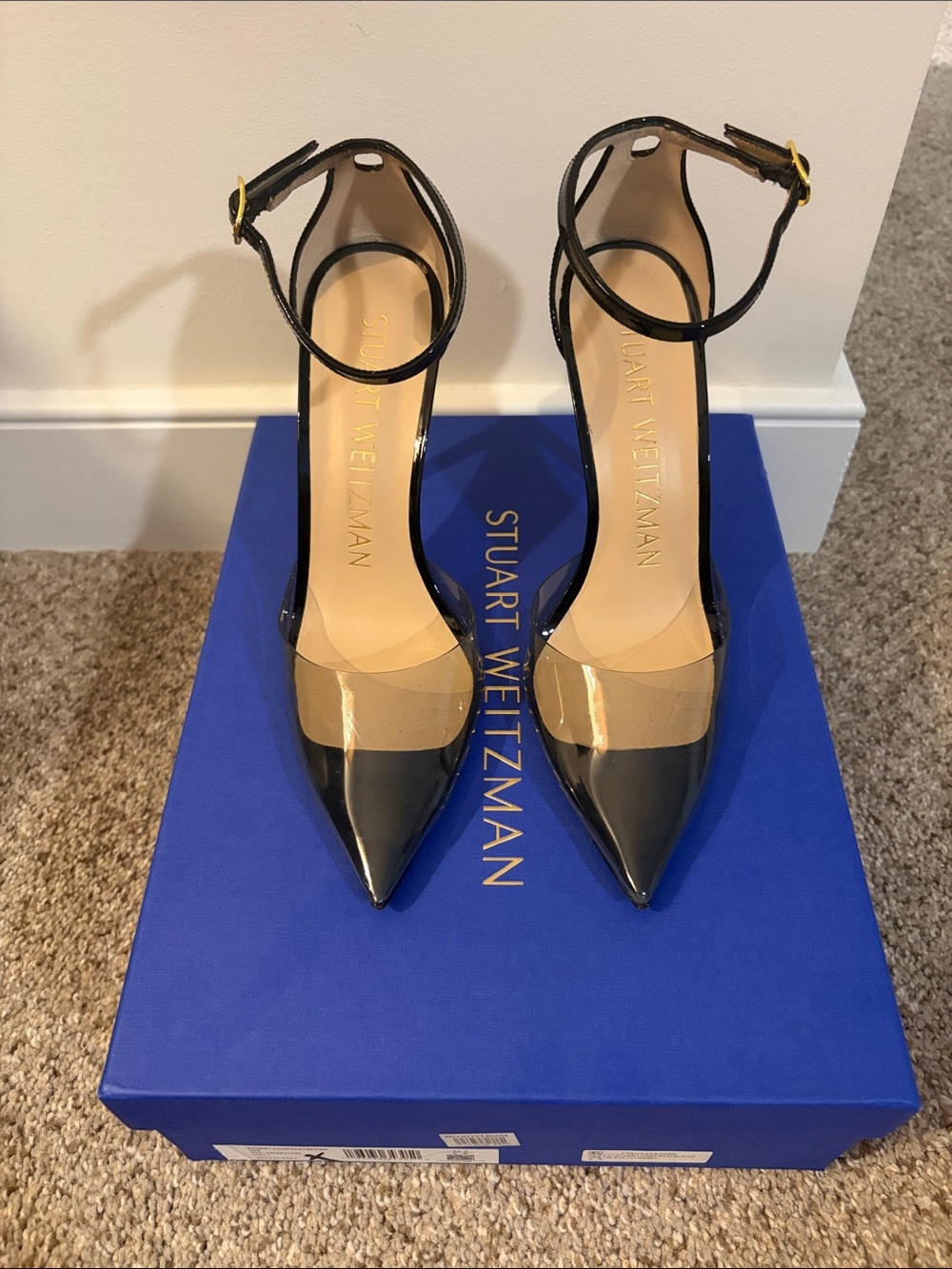 Stuart Weitzman Black Patent Pointed-Toe Ankle-Strap Pumps with Clear Toe Band